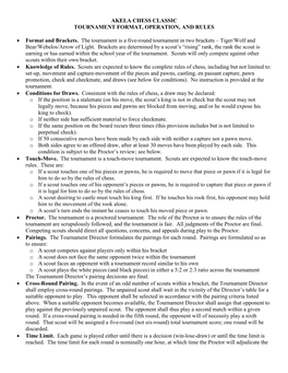 Akela Chess Classic Tournament Format, Operation, and Rules