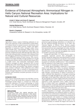 Evidence of Enhanced Atmospheric Ammoniacal Nitrogen in Hells Canyon National Recreation Area: Implications for Natural and Cultural Resources