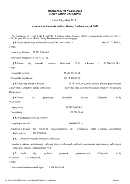 Uchwala Nr XV.164.2019 Z Dnia 18 Grudnia 2019 R