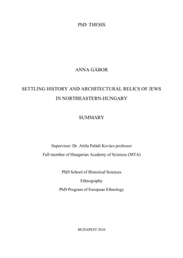 Phd THESIS ANNA GÁBOR SETTLING HISTORY AND