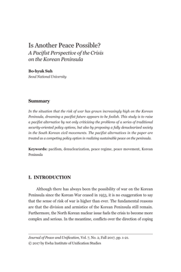 Is Another Peace Possible? a Pacifist Perspective of the Crisis on the Korean Peninsula