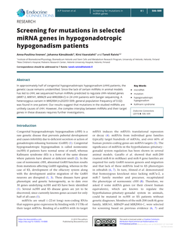 Screening for Mutations in Selected Mirna Genes in Hypogonadotropic Hypogonadism Patients