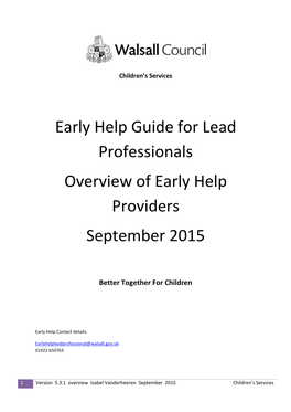 Early Help Guide for Lead Professionals Overview of Early Help Providers September 2015