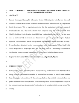 Soil Vulnerability Assessment of Afikpo South Local Government 2 Area, Ebonyi State, Nigeria