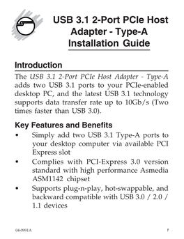 USB 3.1 2-Port Pcie Host Adapter - Type-A Installation Guide