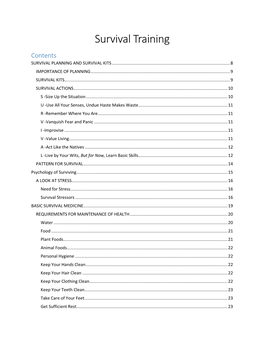 Survival Training Contents SURVIVAL PLANNING and SURVIVAL KITS