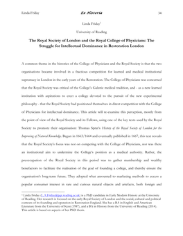 The Royal Society of London and the Royal College of Physicians: the Struggle for Intellectual Dominance in Restoration London