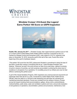 Windstar Cruises' 212-Guest Star Legend Earns Perfect 100 Score