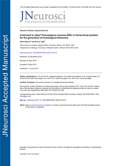 Command Or Obey? Homologous Neurons Differ in Hierarchical Position for the Generation of Homologous Behaviors