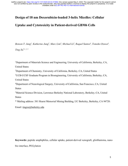 Design of 18 Nm Doxorubicin-Loaded 3-Helix Micelles: Cellular Uptake and Cytotoxicity in Patient-Derived GBM6 Cells