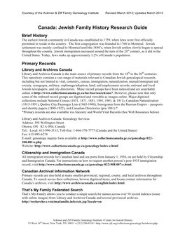 Canada: Jewish Family History Research Guide
