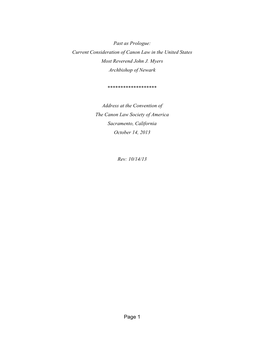 Page 1 Past As Prologue: Current Consideration of Canon Law in the United States Most Reverend John J. Myers Archbishop of Newa