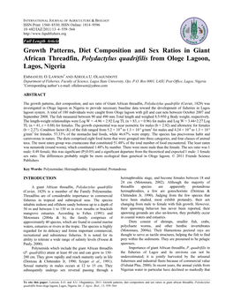 Growth Patterns, Diet Composition and Sex Ratios in Giant African Threadfin, Polydactylus Quadrifilis from Ologe Lagoon, Lagos, Nigeria