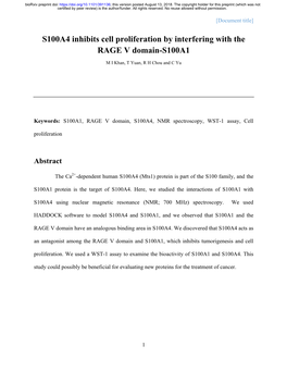 S100A4 Inhibits Cell Proliferation by Interfering with the RAGE V Domain-S100A1