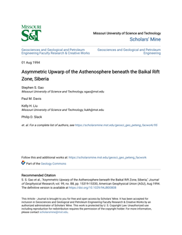 Asymmetric Upwarp of the Asthenosphere Beneath the Baikal Rift Zone, Siberia