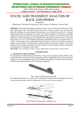 STATIC and TRANSIENT ANALYSIS of RACK and PINION Ramesh R** *Department of Mechanical Engineering, Agni College of Technology, Chennai, India