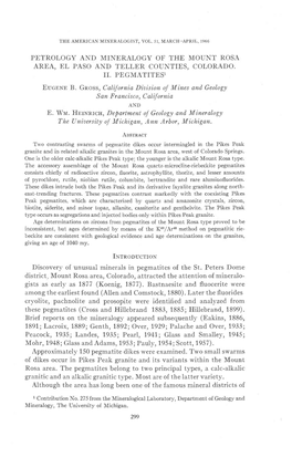 Petrology and Mineralogy of the Mount Rosa Area, El Paso and Teller Counties, Colorado