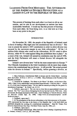 Learning from Our Mistakes: the Aftermath of the American Divorce Revolution As a Lesson in Law to the Republic of Ireland