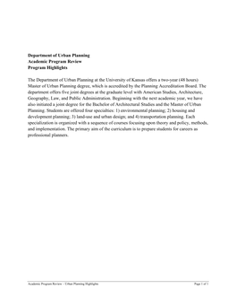 Department of Urban Planning Academic Program Review Program Highlights