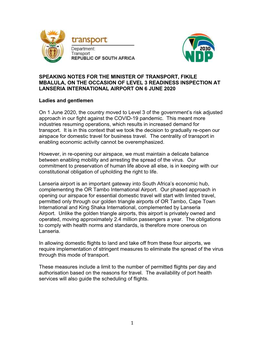 Speaking Notes for the Minister of Transport, Fikile Mbalula, on the Occasion of Level 3 Readiness Inspection at Lanseria International Airport on 6 June 2020