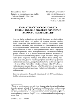 Karakter Četničkog Pokreta U Srbiji 1941. Kao Povod Za Donošenje Zakona O Rehabilitaciji1