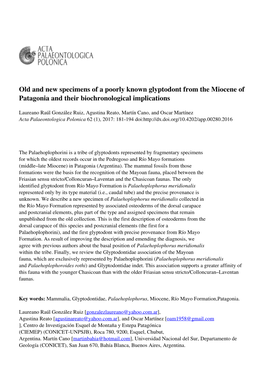 Old and New Specimens of a Poorly Known Glyptodont from the Miocene of Patagonia and Their Biochronological Implications