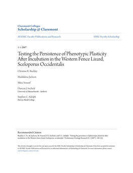 Testing the Persistence of Phenotypic Plasticity After Incubation in the Western Fence Lizard, Sceloporus Occidentalis Christine R