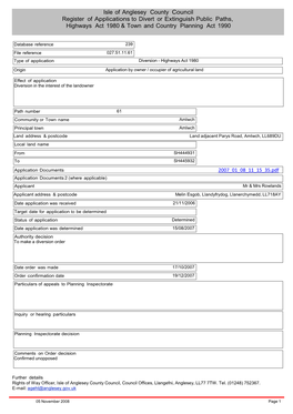 Isle of Anglesey County Council Register of Applications to Divert Or Extinguish Public Paths, Highways Act 1980 & Town and Country Planning Act 1990