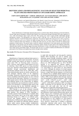 Identification and Phylogenetic Analysis of Selected Medicinal Plant Species from Pakistan: Dna Barcoding Approach