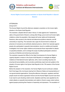 1 Human Rights Council Passes Resolution on Syrian Arab Republic