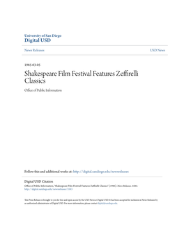 Shakespeare Film Festival Features Zeffirelli Classics Office of Publicnfor I Mation