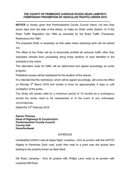 Various Roads Near Lamphey) (Temporary Prohibition of Vehicular Traffic) Order 2018