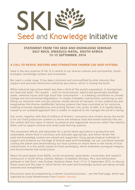 Statement from the Seed and Knowledge Seminar Salt Rock, Kwazulu-Natal, South Africa 13-15 September, 2016
