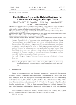 Fossil Gibbons (Mammalia, Hylobatidae) from the Pleistocene of Chongzuo, Guangxi, China