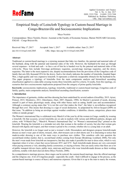 Empirical Study of Loincloth Typology in Custom-Based Marriage in Congo-Brazzaville and Socioeconomic Implications