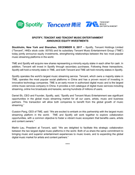 Spotify, Tencent and Tencent Music Entertainment Announce Equity Investments