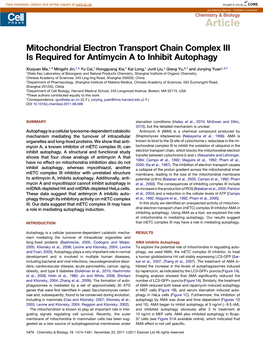 Mitochondrial Electron Transport Chain Complex III Is Required for Antimycin a to Inhibit Autophagy