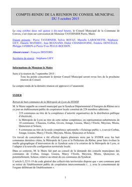 COMPTE-RENDU DE LA REUNION DU CONSEIL MUNICIPAL DU 5 Octobre 2015