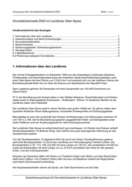 Grundstücksmarkt 2003 Im Landkreis Oder-Spree 1. Informationen Über