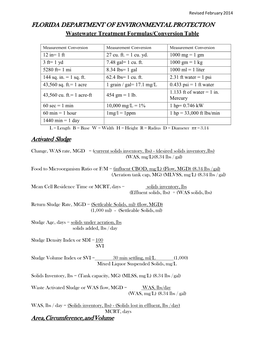 Wastewater Treatment Formulas/Conversions