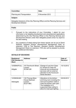 Delegated Decisions of the City Planning Officer and the Planning Services and Development Director