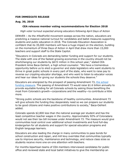 FOR IMMEDIATE RELEASE Aug. 30, 2018 CEA Releases Member Voting Recommendations for Election 2018 High Voter Turnout Expected