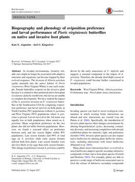 Biogeography and Phenology of Oviposition Preference and Larval Performance of Pieris Virginiensis Butterﬂies on Native and Invasive Host Plants