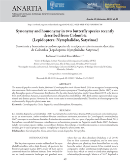 Anartiasynonymy and Homonymy in Two Butterfly Species Publicación Del Museo De Biología De La Universidad Del Zulia ISSN 1315-642X Anartia, 29 (Diciembre 2019): 49-53