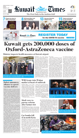 Kuwait Gets 200,000 Doses of Oxford-Astrazeneca Vaccine Minister Inspects Health Measures at Kuwait Airport