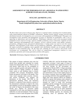 Assessment of the Performance of a Regional Water Supply Scheme in Kwara State, Nigeria