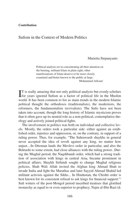 SUFISM in the CONTEXT of MODERN POLITICS 167 654/1256) Claimed That a Just King Is a True Vice-Regent of God, and Manifests the Divine Attributes of Lordship