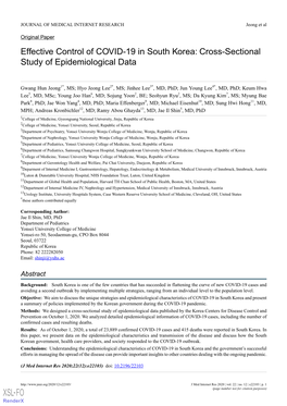 Effective Control of COVID-19 in South Korea: Cross-Sectional Study of Epidemiological Data