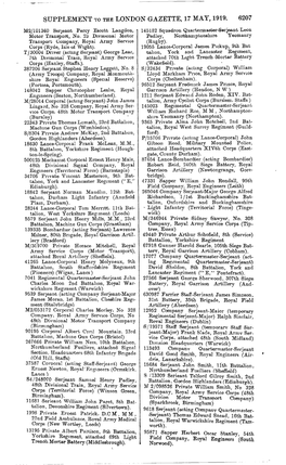 SUPPLEMENT to the LONDON GAZETTE, 17 MAY, 1919. 6207 M'2/101360 Serjeant Percy Escott Langdon, 145182 Squadron Quartermaster-Serjeant Leon Motor Transport, No