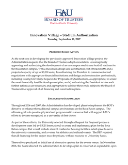 Innovation Village – Stadium Authorization Tuesday, September 18, 2007